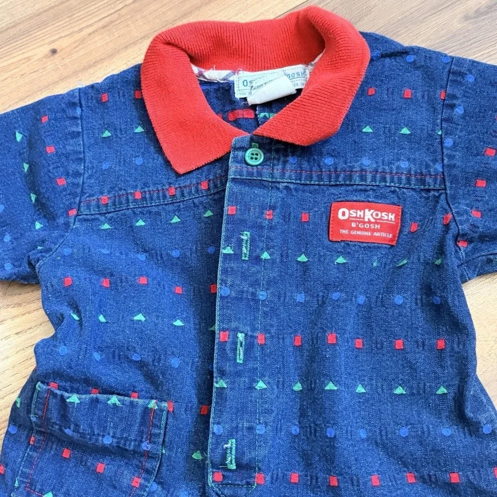 VTG 80s Retro OshKosh B'gosh Kids Denim Jumpsuit Unisex Shapes Collared 6-9 M
